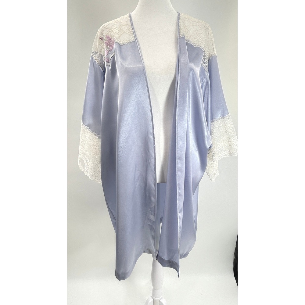 Maryanns Boutique Vintage Lavender Satin Lace Kimono Robe Boho Romantic Duster M